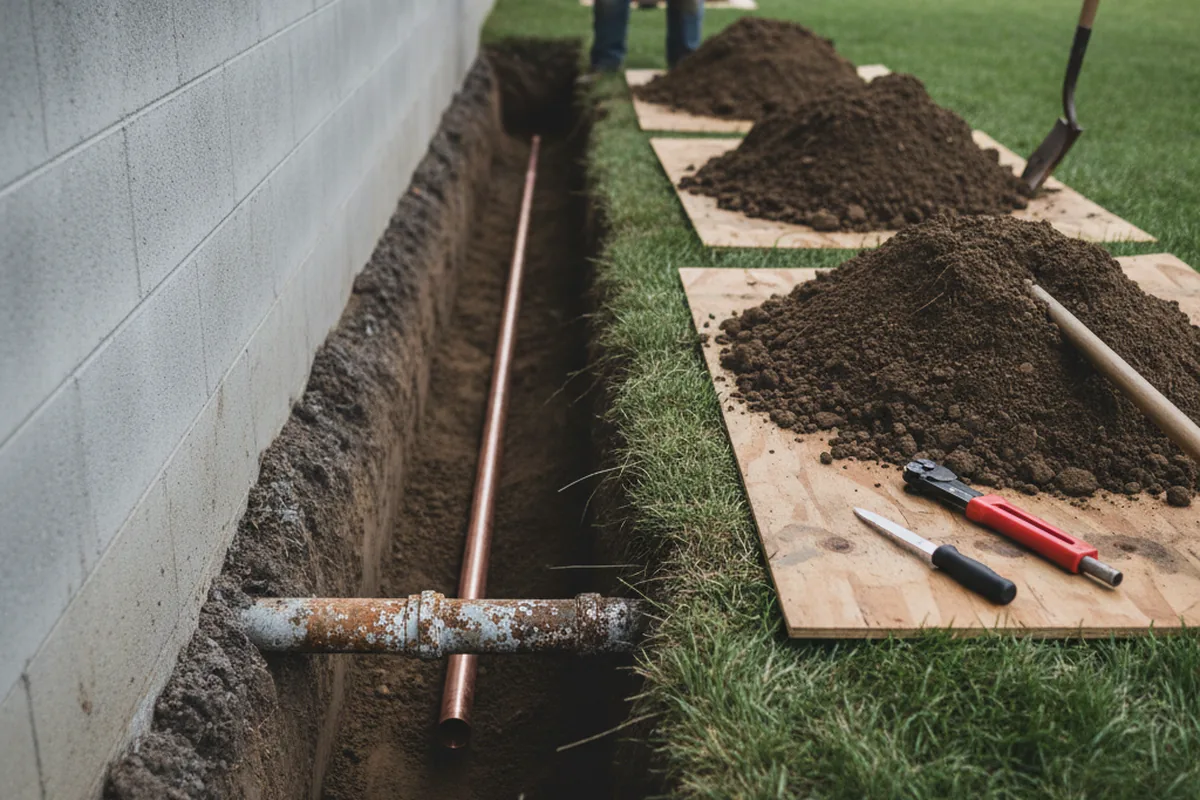 Excavated water line trench during Sewer Line Repair in Jonestown